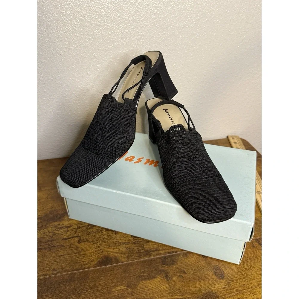 Jasmine East Women's Slip On Shoes Black Woven Fabric Strappy Heels Size 7.5